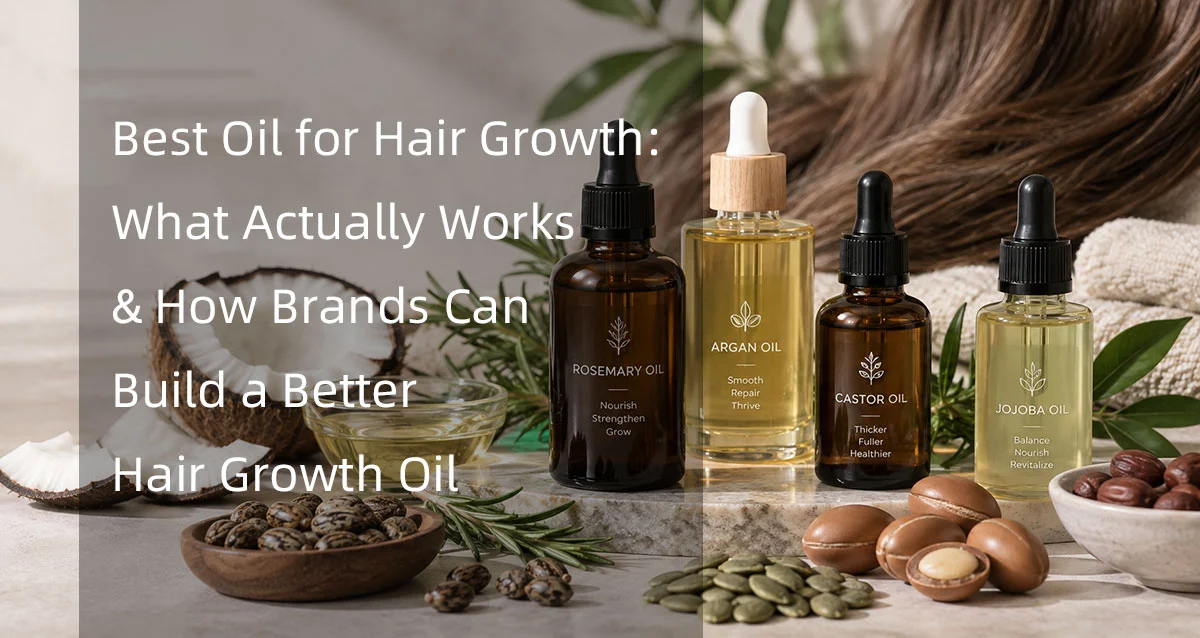 Various bottles of hair oils such as rosemary, argan, castor, and jojoba oil, placed on a table with natural ingredients like coconuts and seeds, promoting hair growth.